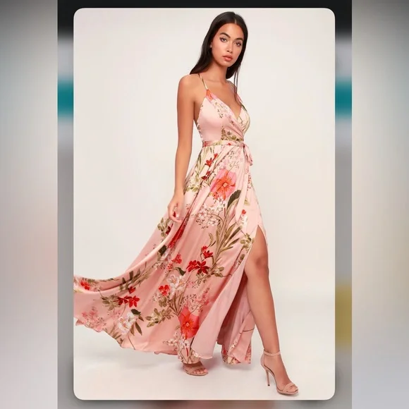 Lulus | Dresses | Lulus Still The One Blush Pink Floral Print Satin Maxi  Dress Xs | Poshmark